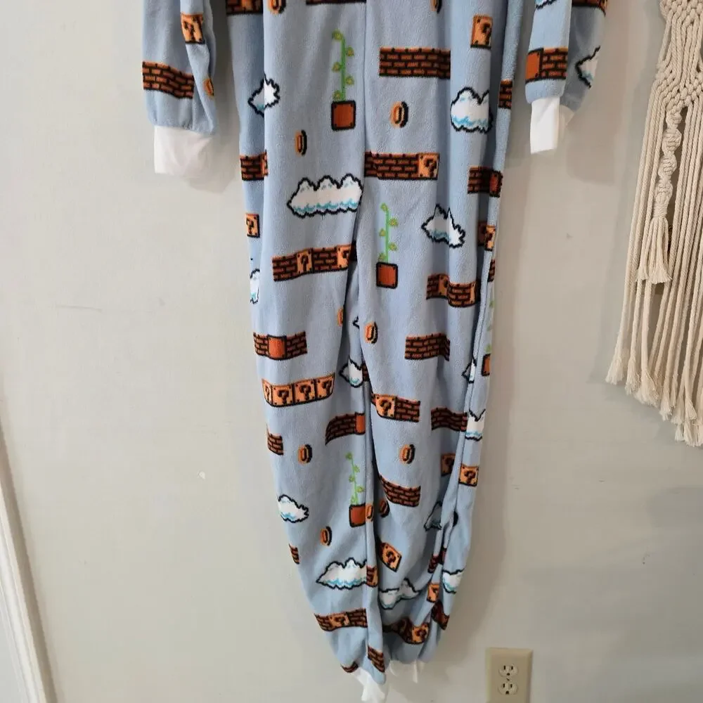 NWT Nintendo Super Mario Fleece Zip Up One-Piece Pajamas Blue Size S Small